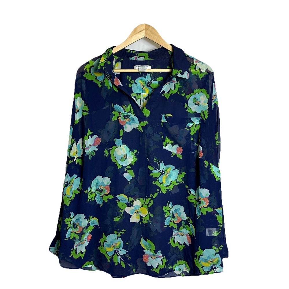 Liz Claiborne Women 2X Floral Navy Blouse Semi Sheer Button‎ Up Long Sleeve